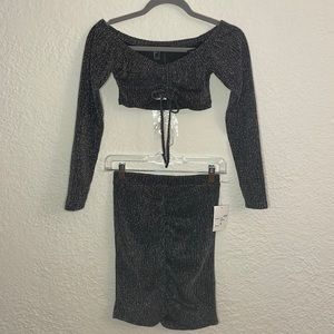 Long sleeve crop top and mini skirt sparkly 2-piece set